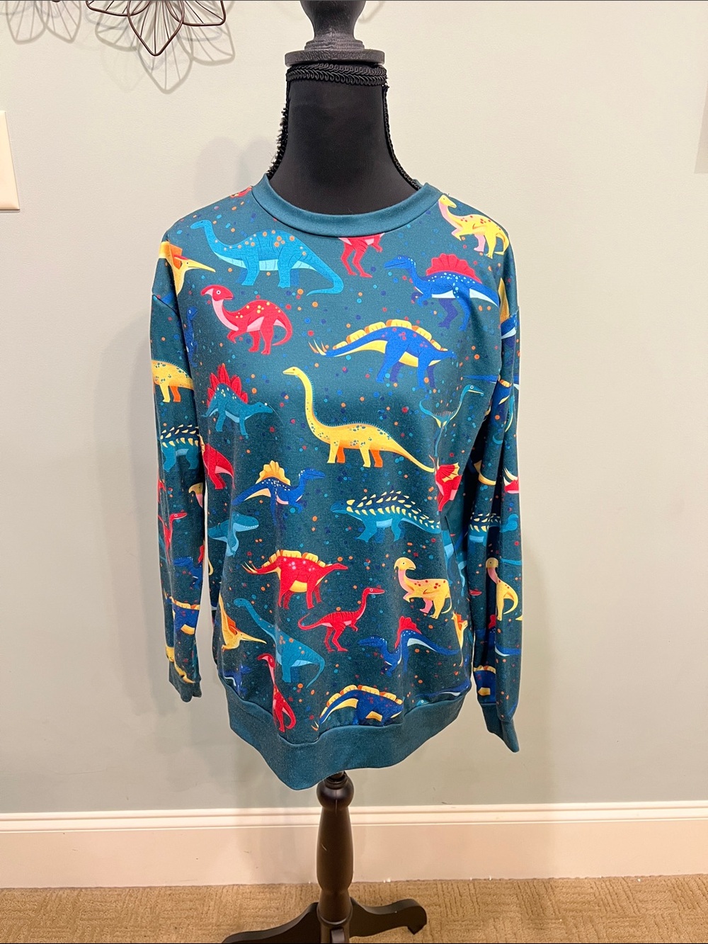Teal Crewneck Sweatshirt with Multicolor Dinosaur Print